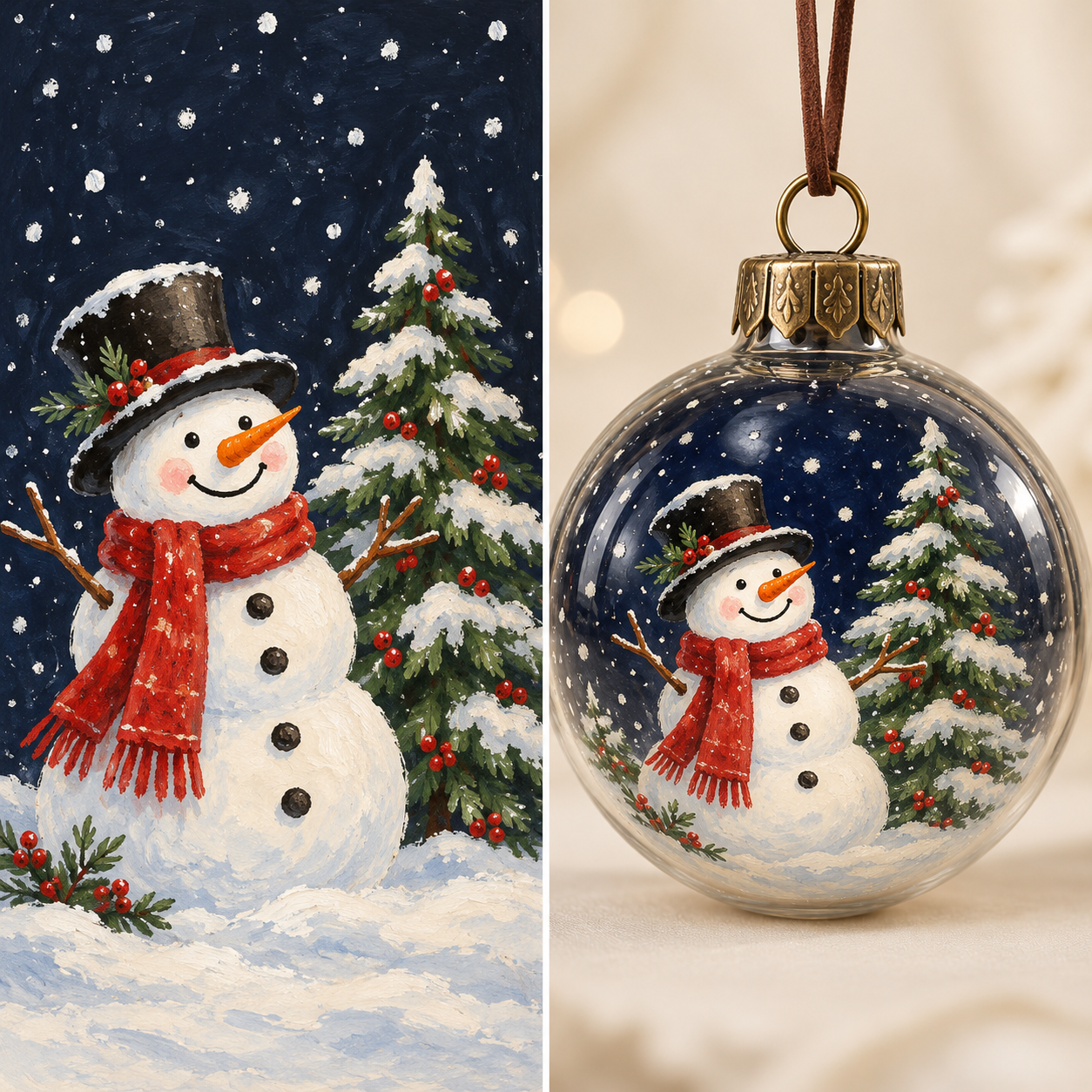 Illustrative inside-painted snowman ornament